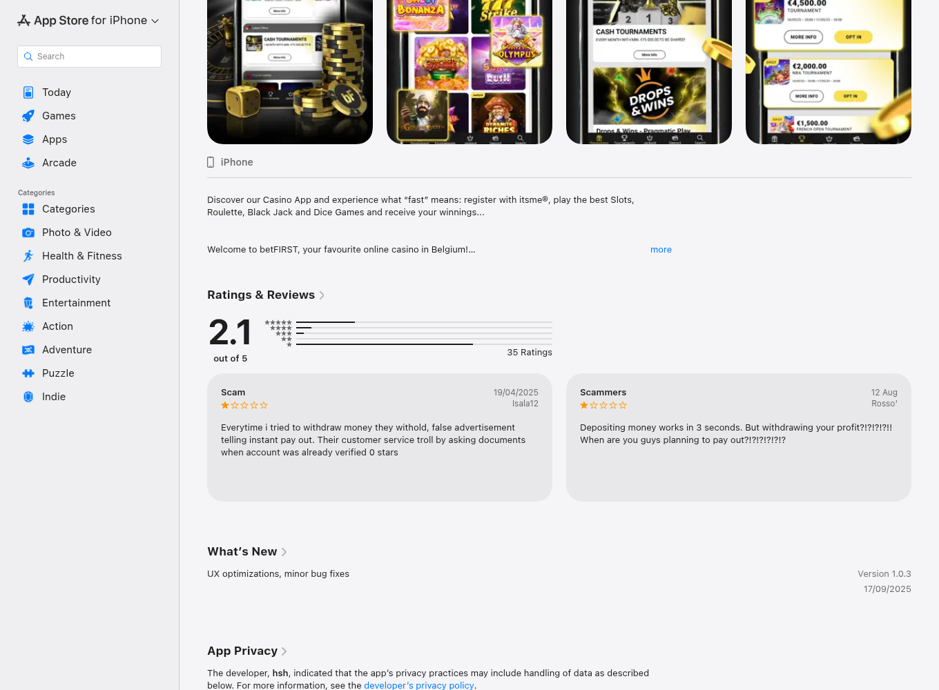 Vastgelegde publieke appcontext met score en gebruikersreview
