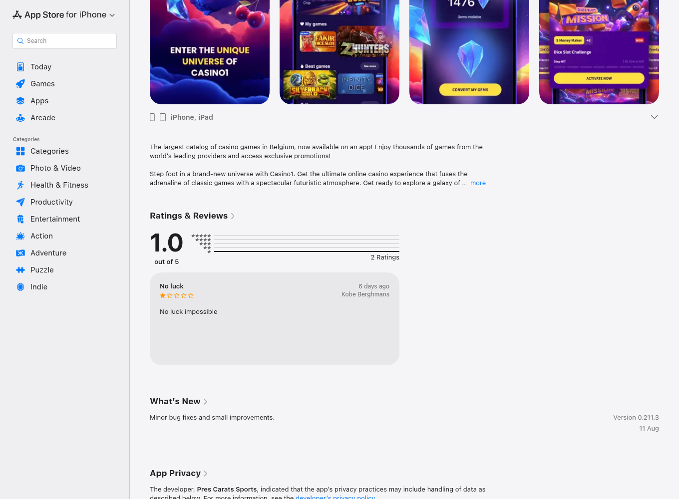Capture fournie de la fiche belge de l’application Casino1 avec une base publique d’évaluations limitée