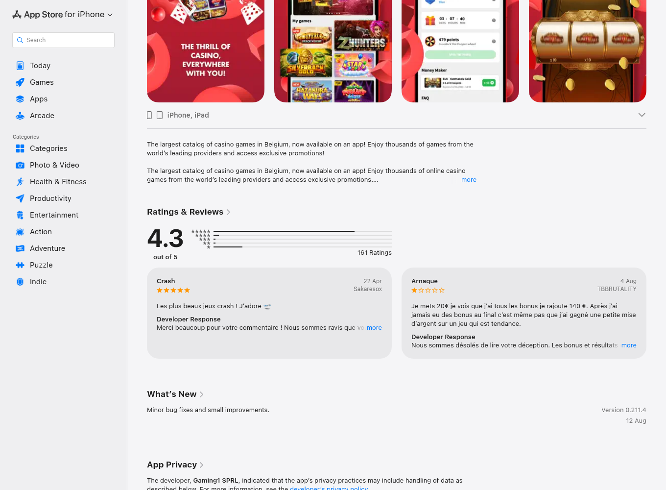 Capture contextuelle de la fiche belge de l’application