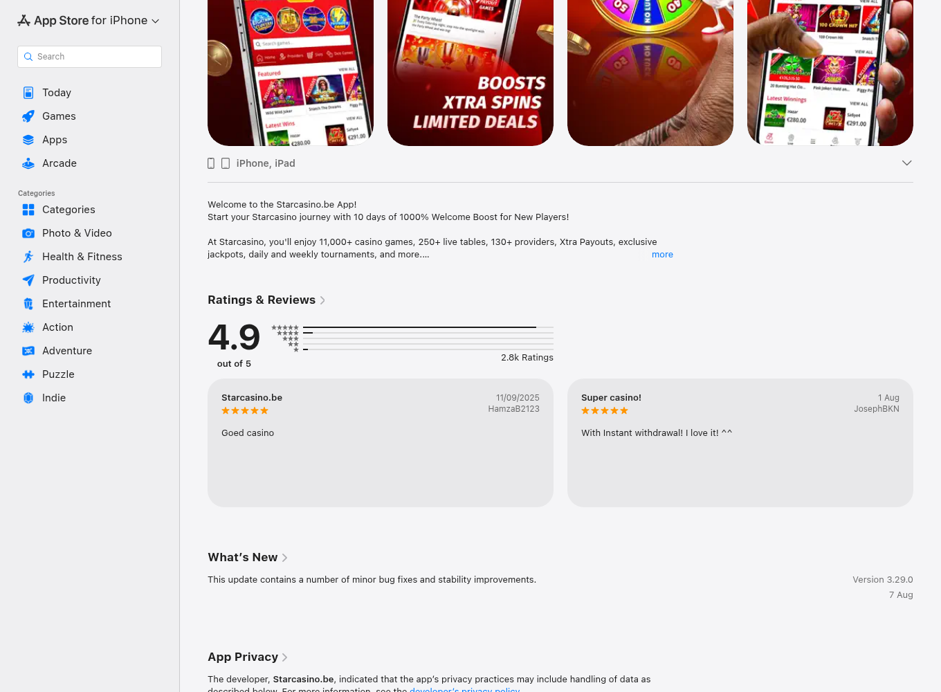 Capture contextuelle fournie de la fiche belge de l’application